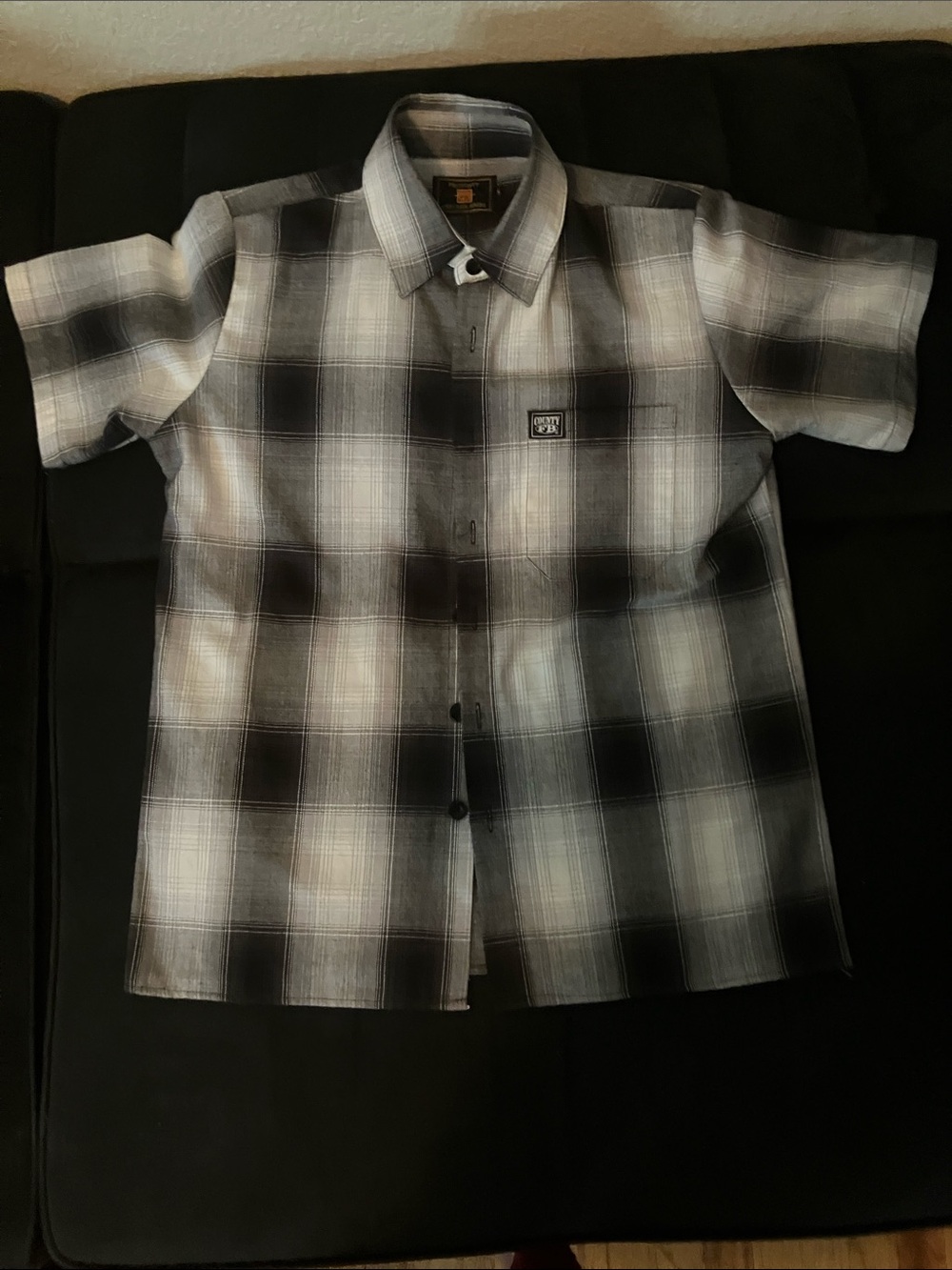 Short Sleeve Black & Gray Plaid Button-Up Shirt